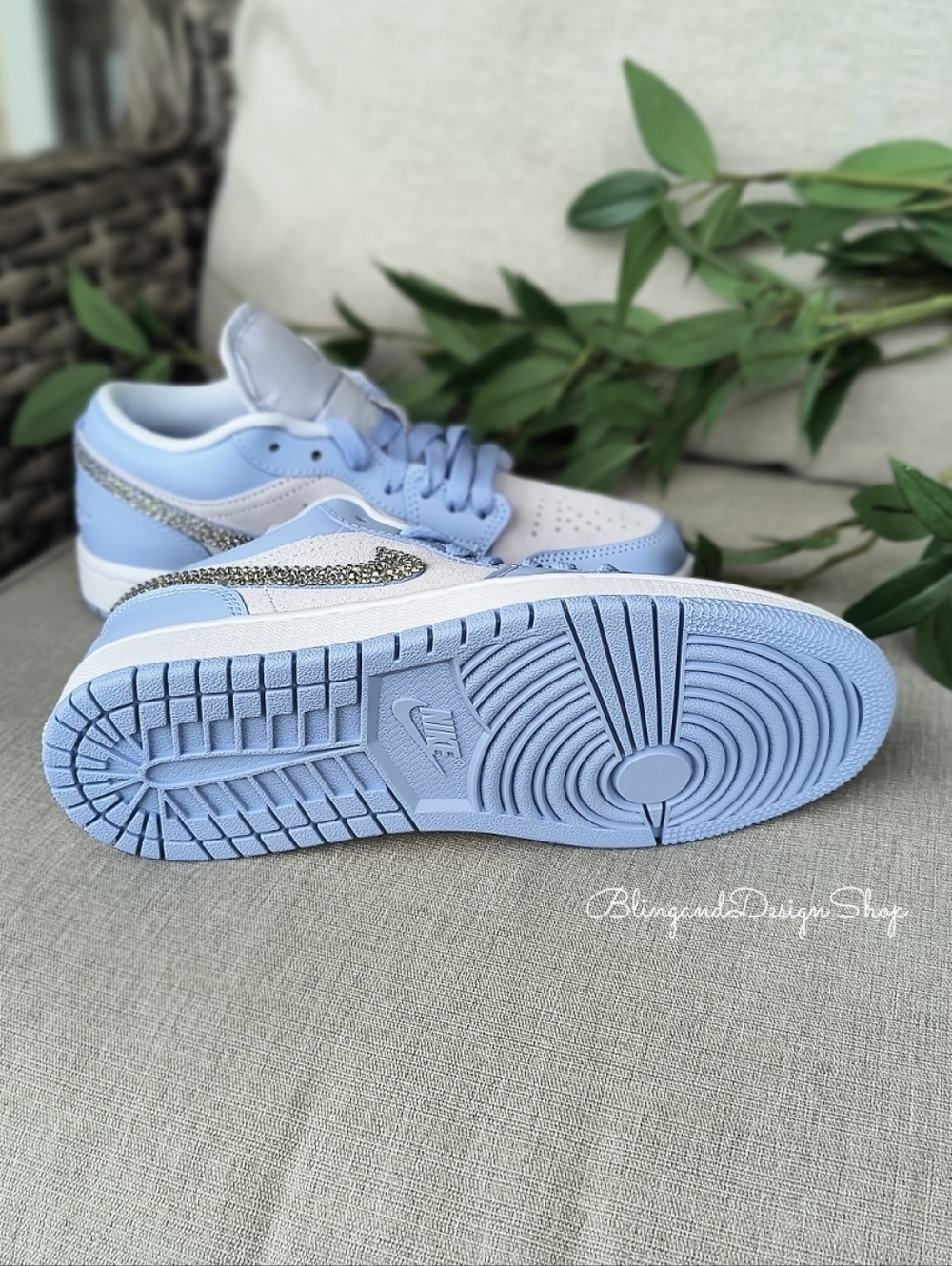 Bling Nike Air Jordan 1 Low Blue White Women's Sneakers Customized With Crystals - Picture 6 of 6